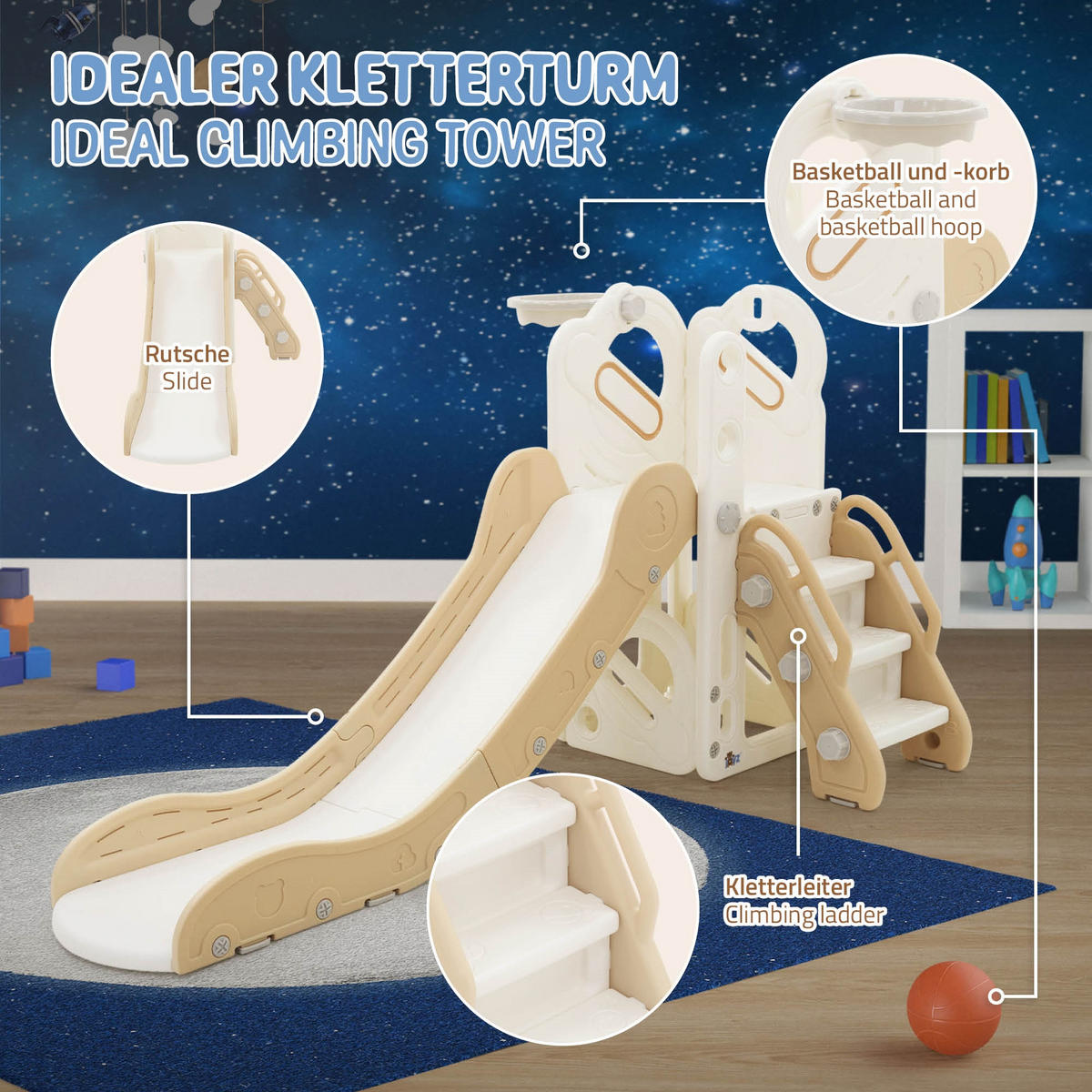 KINDERRUTSCHE 3 in 1 Kleinkinderrutsche mit Turm und Basketballkorb Weiß-Beige - Beige, Kunststoff (153/85.5/91cm) - Joyz