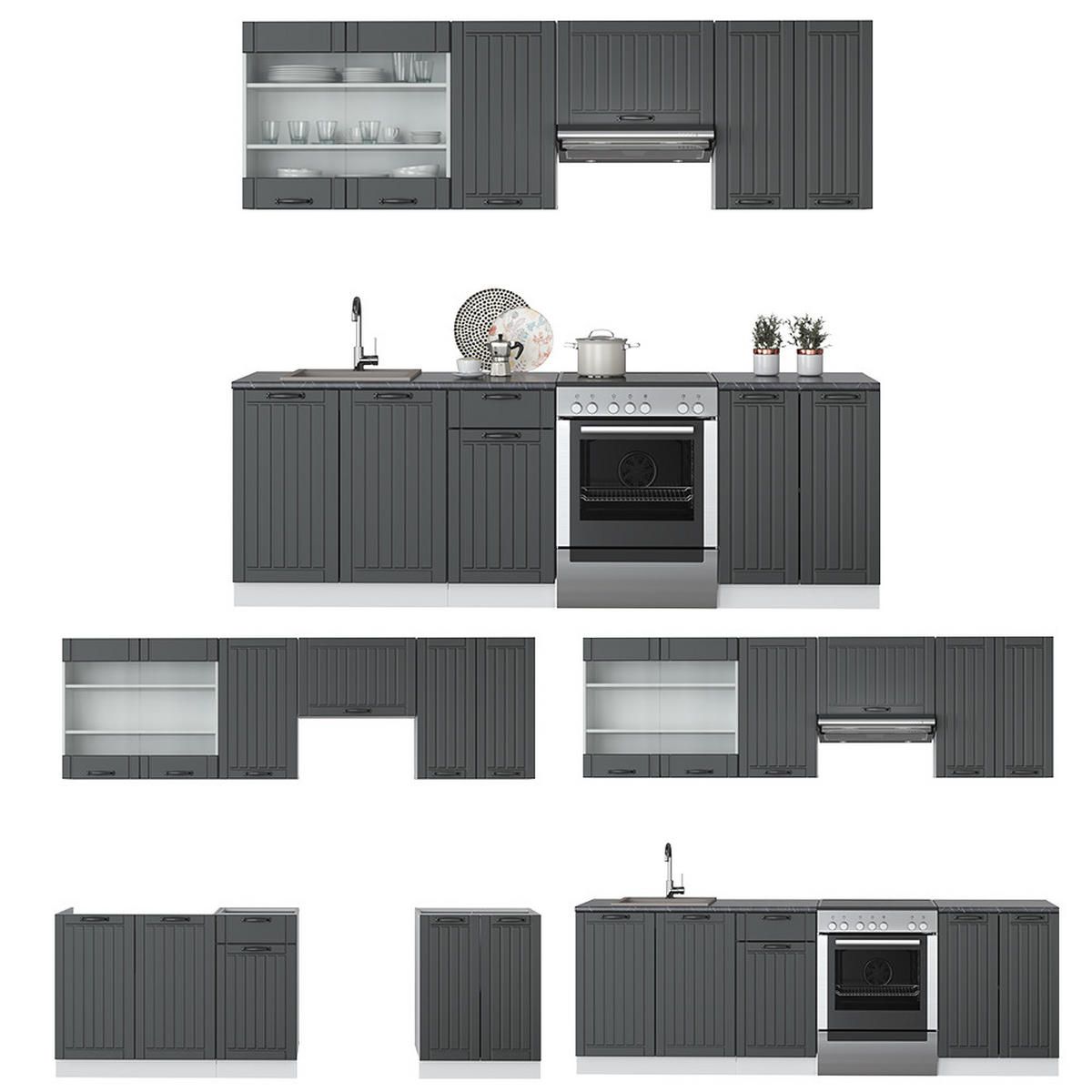 KÜCHENZEILE Fame-Line Anthrazit Landhaus/Weiß 240 cm ohne AP - Dunkelgrau/Weiß, Holzwerkstoff (240/81.6/46cm) - Vicco
