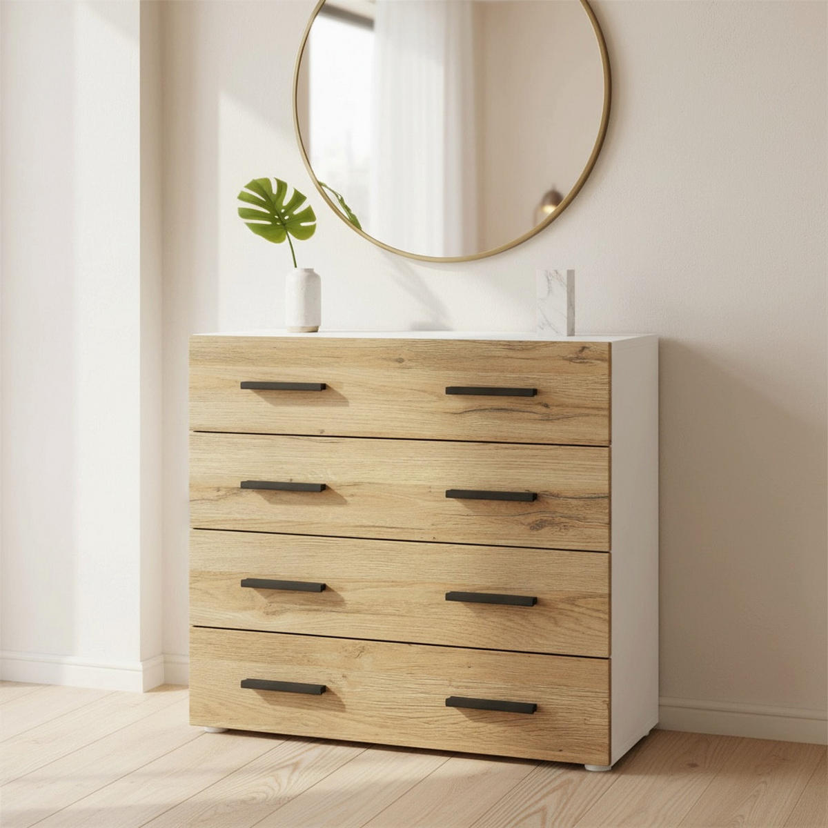 KOMMODE Den, Sideboard mit 4 Schubladen, Made in Germany, Moderner Schrank, Weiß matt / Eiche Nature (76 x 72 x 35 cm) - Eiche Wotan, Holzwerkstoff (76/72/33cm) - InnoFurn