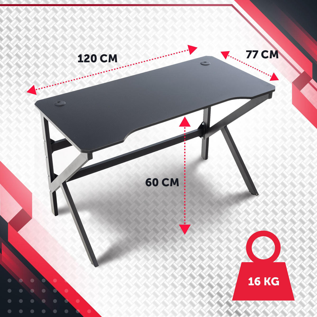 GAMING TISCH eckig 120/60/77 cm Holz rot - Rot/Schwarz, Holz/Metall (60/120/77cm) - CLP