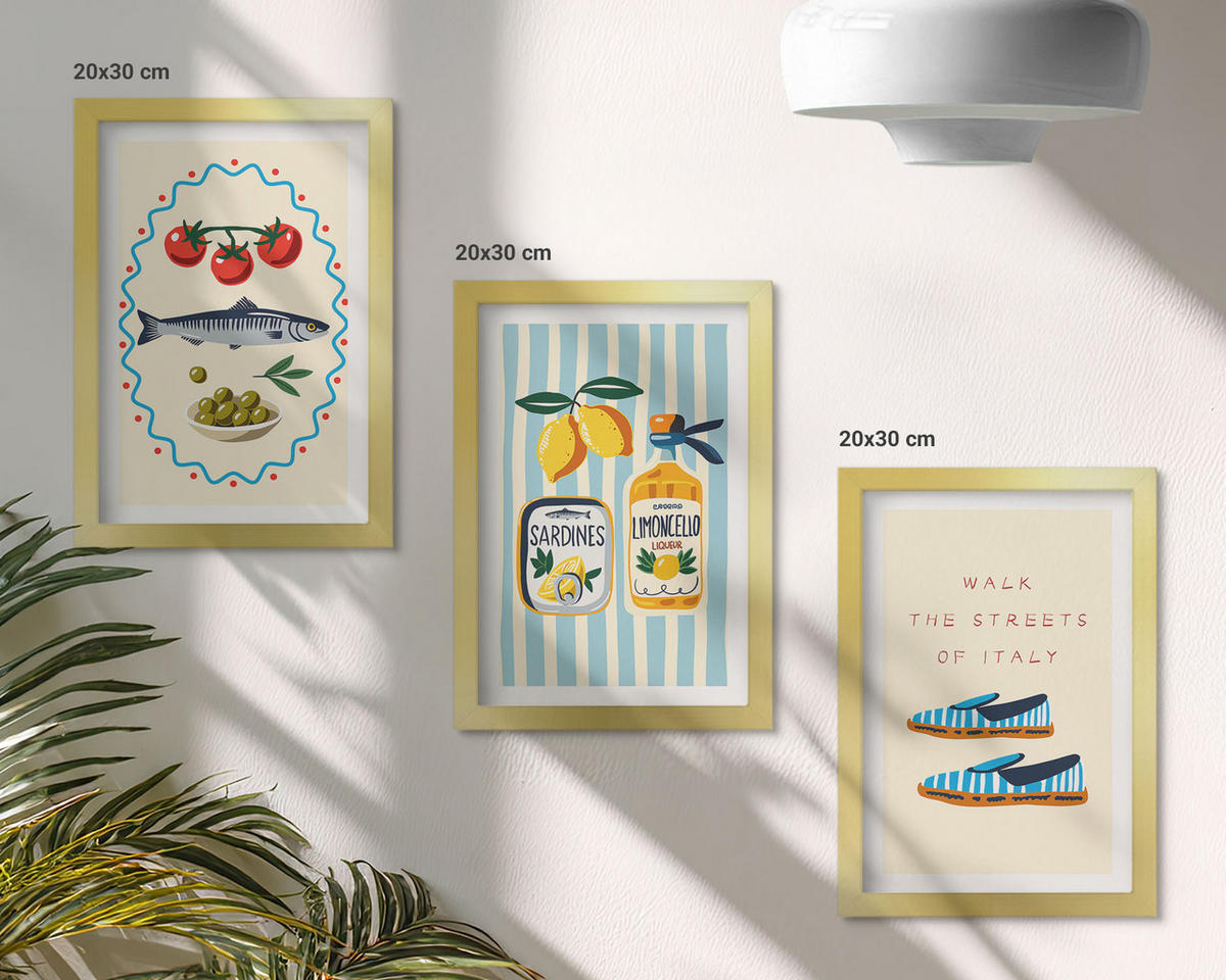 BILDER SET 3er Set - 20x30 cm Goldrahmen - Italienische Aromen und Lifestyle-Bilder - Goldfarben, Kunststoff (20/30cm) - TULUP