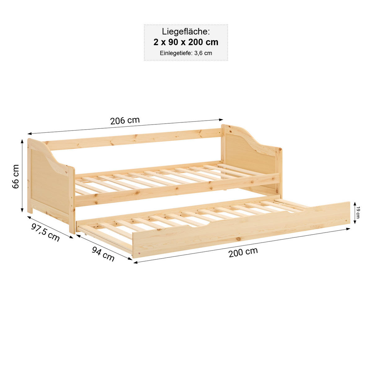 JUGENDBETT ausziehbar 90/200 cm Natur - Naturfarben, Holz (90/200cm) - Homestyle4u