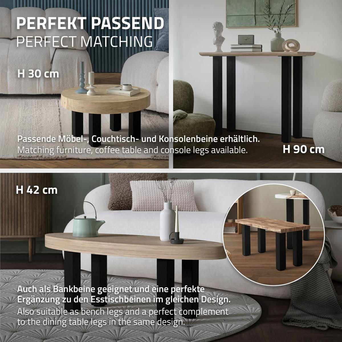 TISCHBEINE 4er Set I-Design H:72 cm Schwarz 8x8 cm - Schwarz, Metall (8/72/8cm) - ML-DESIGN