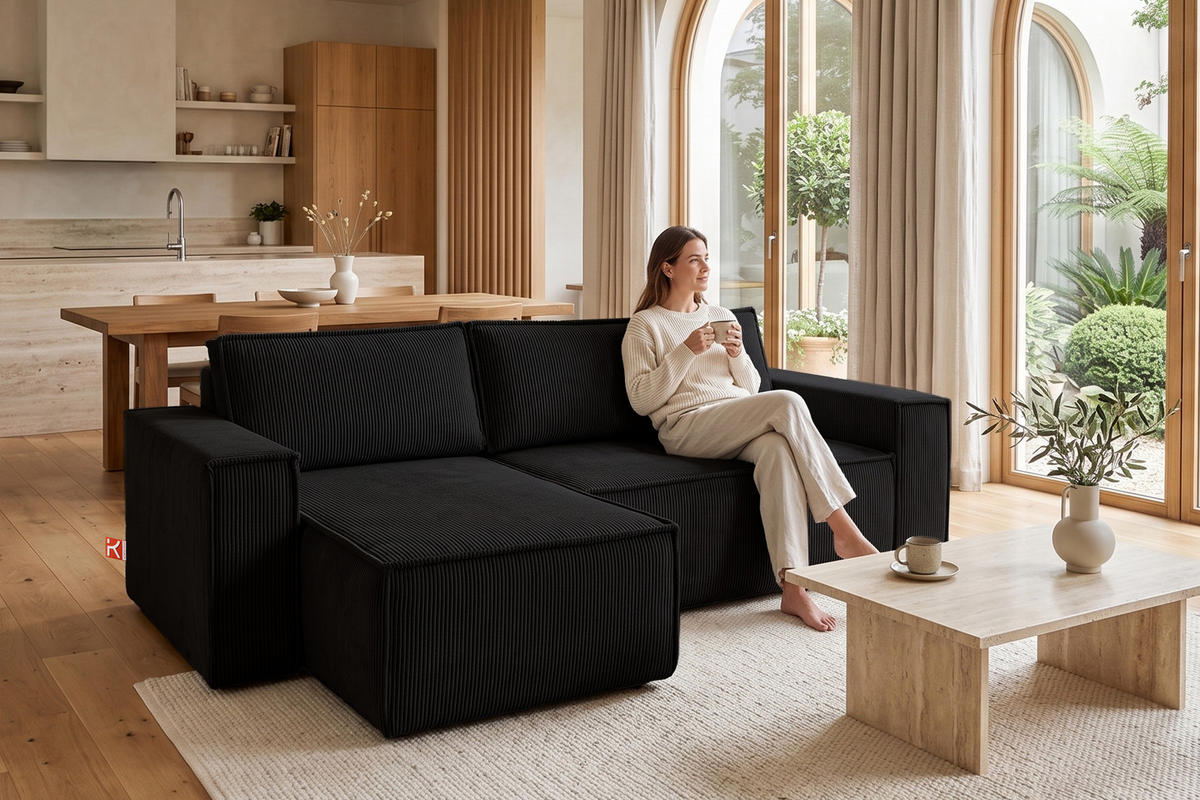 ECKSOFA-LINKS/RECHTS NAPI Schlaffunktion mit Cordbezug, Schwarz - Schwarz, Textil (262/148cm) - KONSIMO®