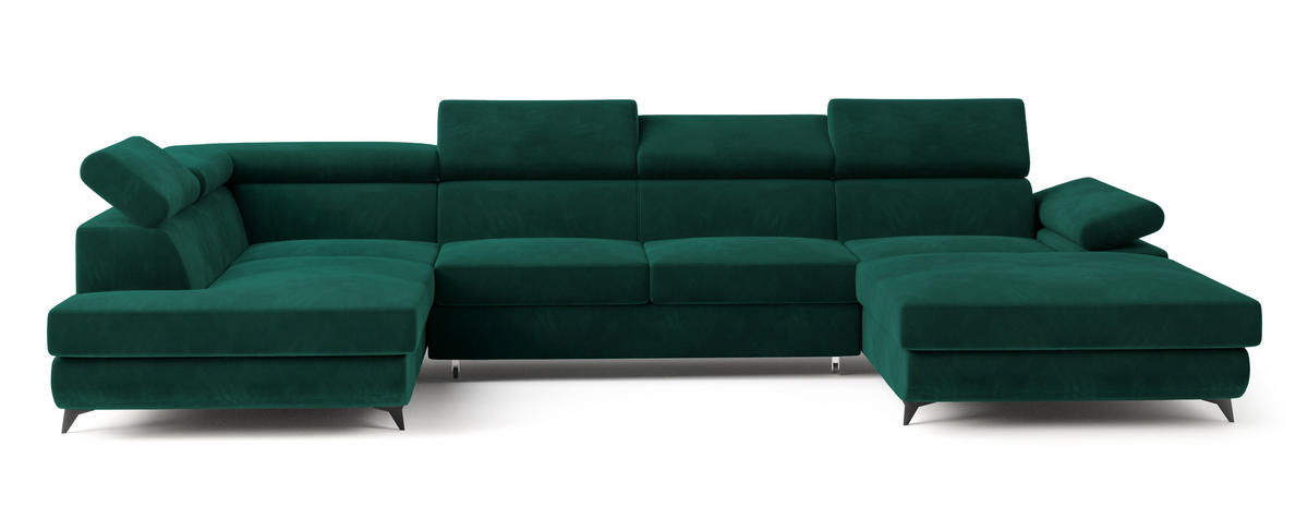 WOHNLANDSCHAFT RUBANO L-S Grün Velours-Stoff mit Schlaffunktion - Grün, Holz (339/89/190cm) - MASSENO