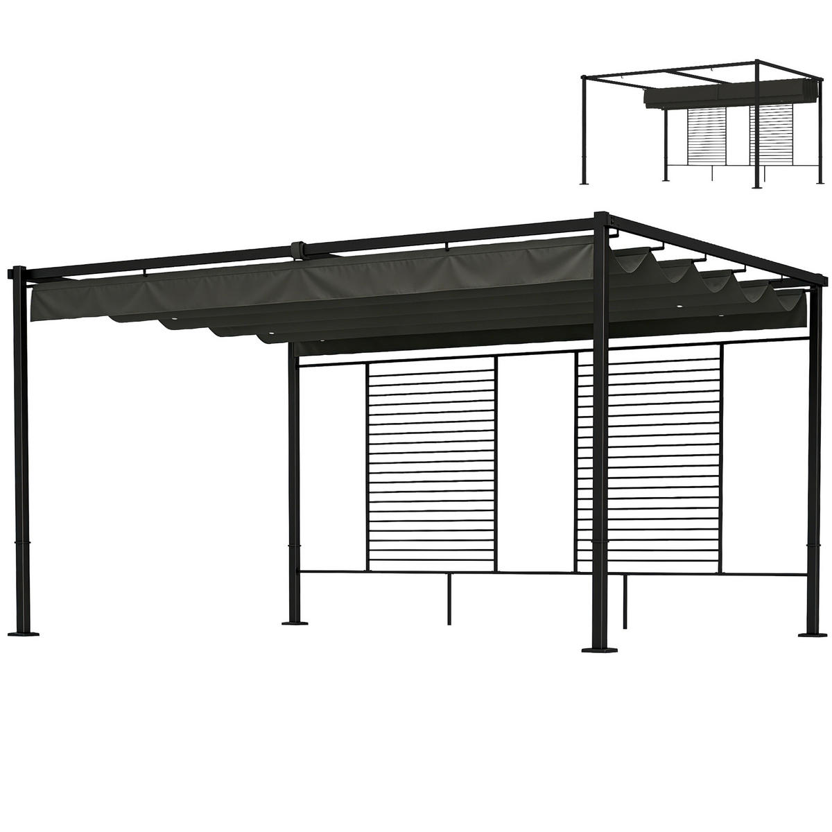 PERGOLA 3,87 x 2,97 m Terrassenüberdachung mit Schiebedach, 2 Sichtschutz, UV 50+ Dunkelgrau - Dunkelgrau, Metall (387/220/297cm)