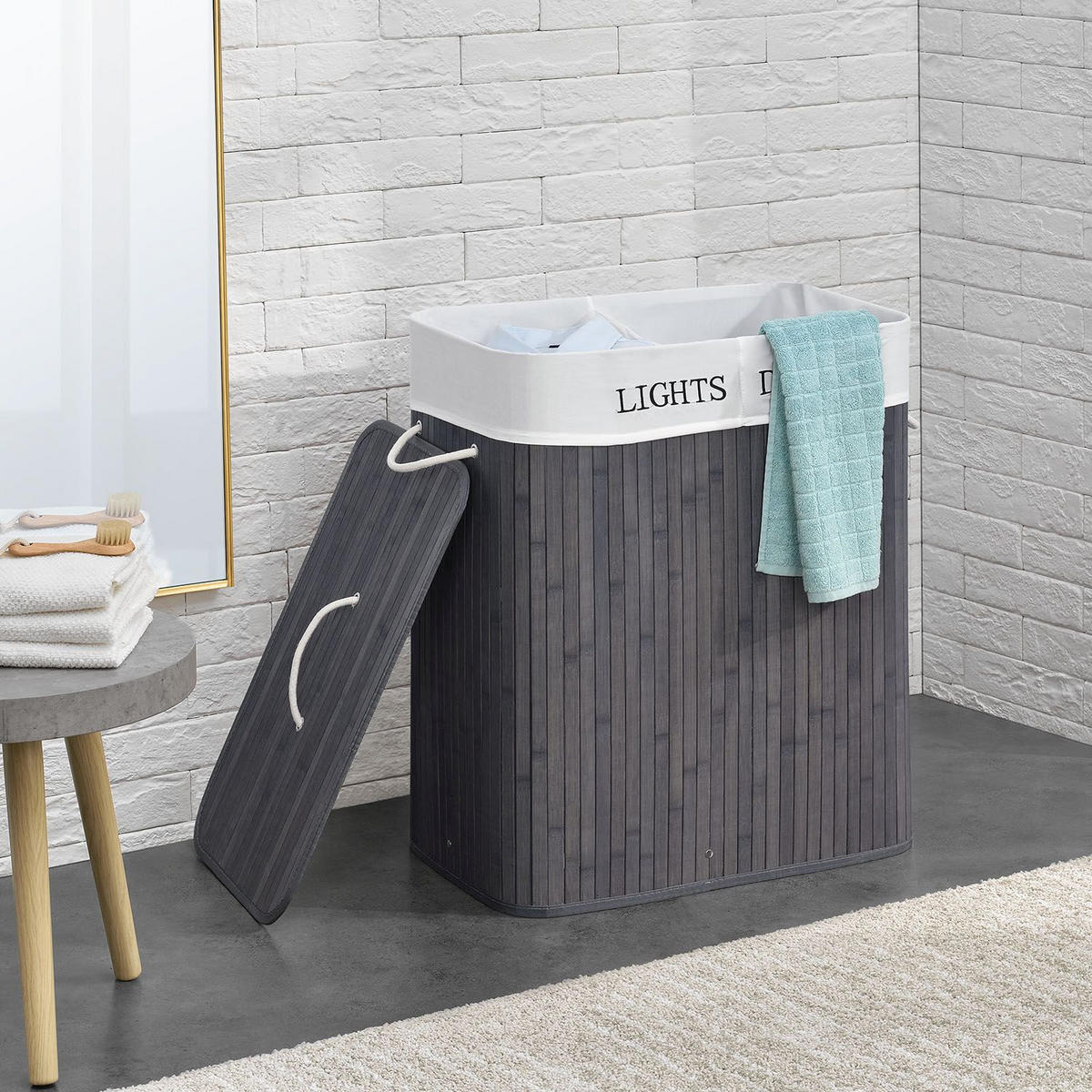 WÄSCHEKORB Curly 100 L grau - Grau, Holz (52/63/32cm) - Juskys