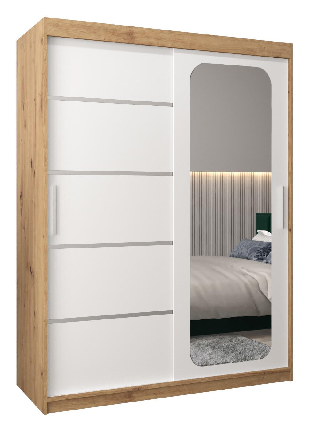 Abiks Möbel Schwebetürenschrank Eiche Artisan, Weiß 150x200x62 cm