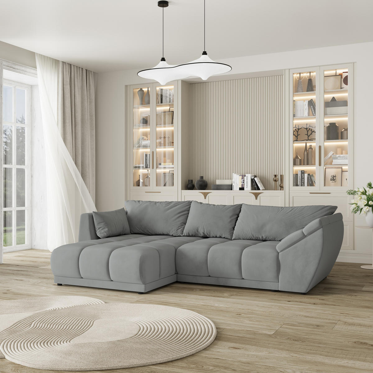 ECKSOFA ORENTI L-S Grau Velours-Stoff mit Schlaffunktion - Grau, Holz (287/182cm) - MASSENO