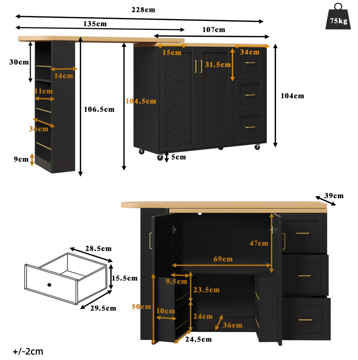 BARTISCH ausziehbar mit Stauraum & 5 Rollen, 135-228/39/104 cm, Schwarz - Schwarz, Holzwerkstoff (39/104/135cm) - Redom