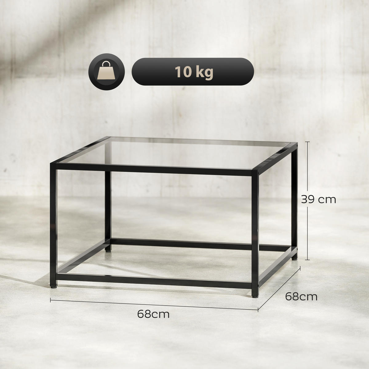 BEISTELLTISCH Quadratisch Nachttisch mit Hartglas-Tischplatte, Couchtisch - Schwarz, Metall (68/68/39cm) - HOMCOM
