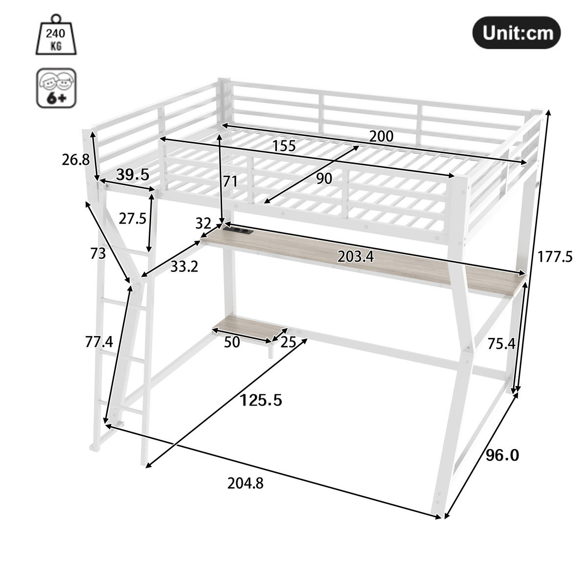 HOCHBETT 90x200cm Weiß LED-Licht Computerablage Schreibtisch USB - Weiß, Metall (90/200cm) - FLIEKS