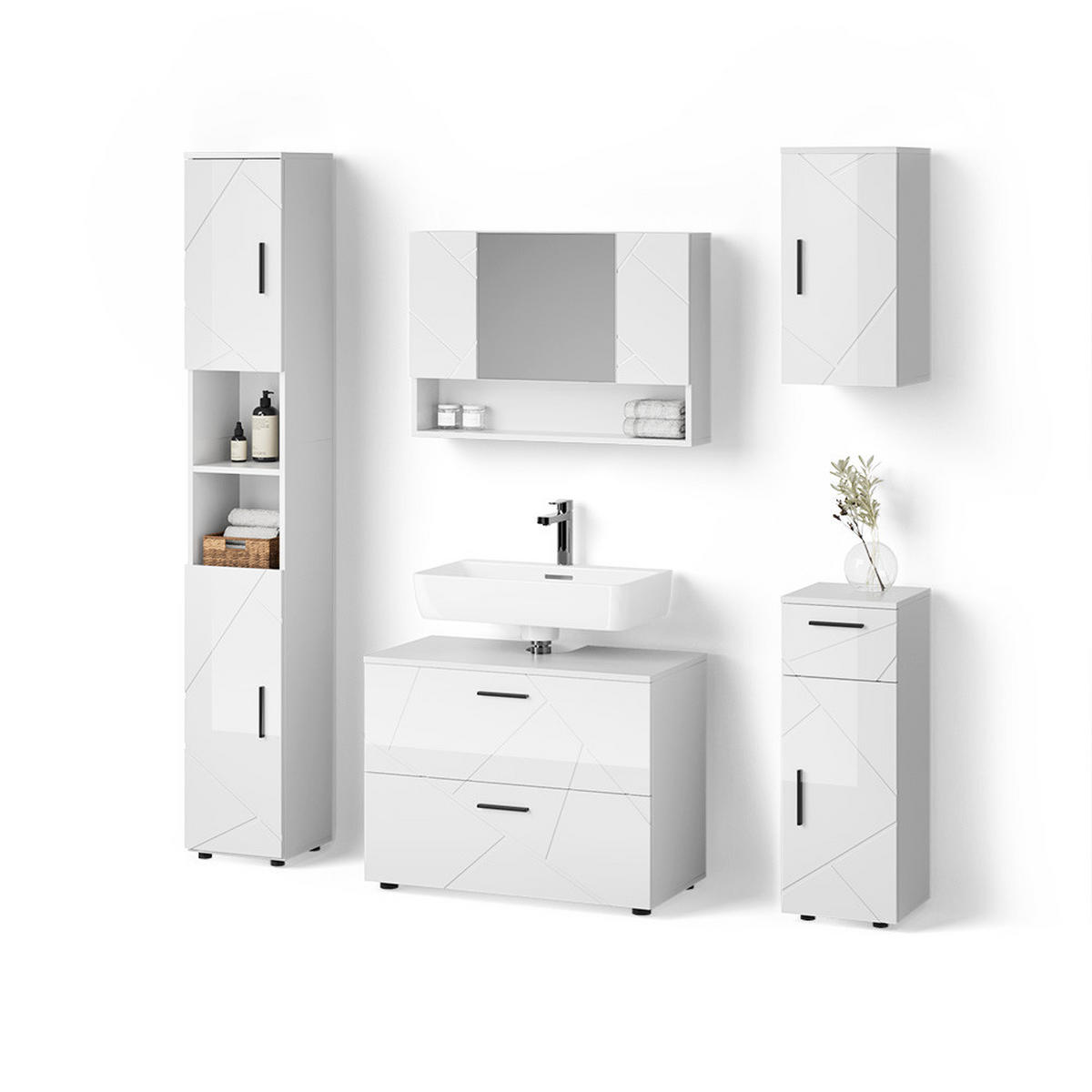 BADMÖBEL-SET Ronco Weiß Hochglanz 5 Teile - Weiß Hochglanz/Weiß, Holzwerkstoff (41/80/58cm) - Livinity®