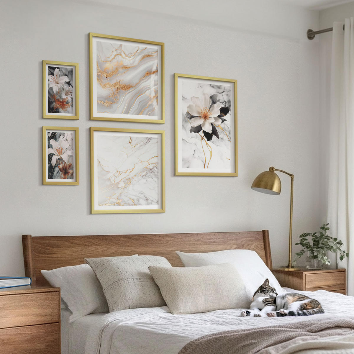 WANDBILDER 5er Set - 50x50 cm & 20x30 cm & 40x60 cm Goldrahmen - Bilder mit blau-goldenen Mustern - Goldfarben, Kunststoff (40/60cm) - ArtPrintCave