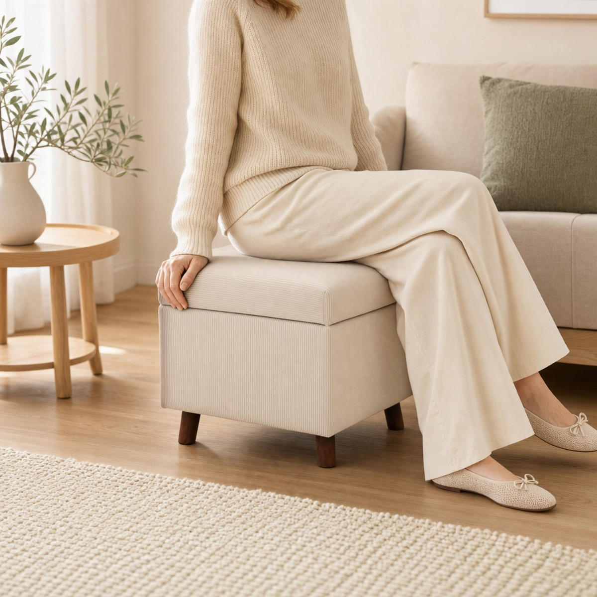 TABURET Bej catifea reiată cu spațiu de depozitare 40 cm - bej, material textil/compozit lemnos (46/40/40cm) - Relaxdays