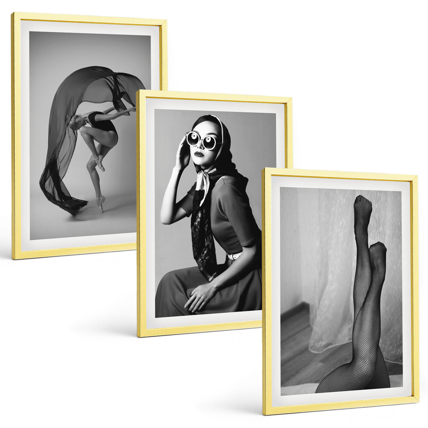 BILDER SET 3er Set - 40x60 cm Goldrahmen - Schwarz-Weiß-Porträts von Frauen - Goldfarben, Kunststoff (40/60cm) - TULUP