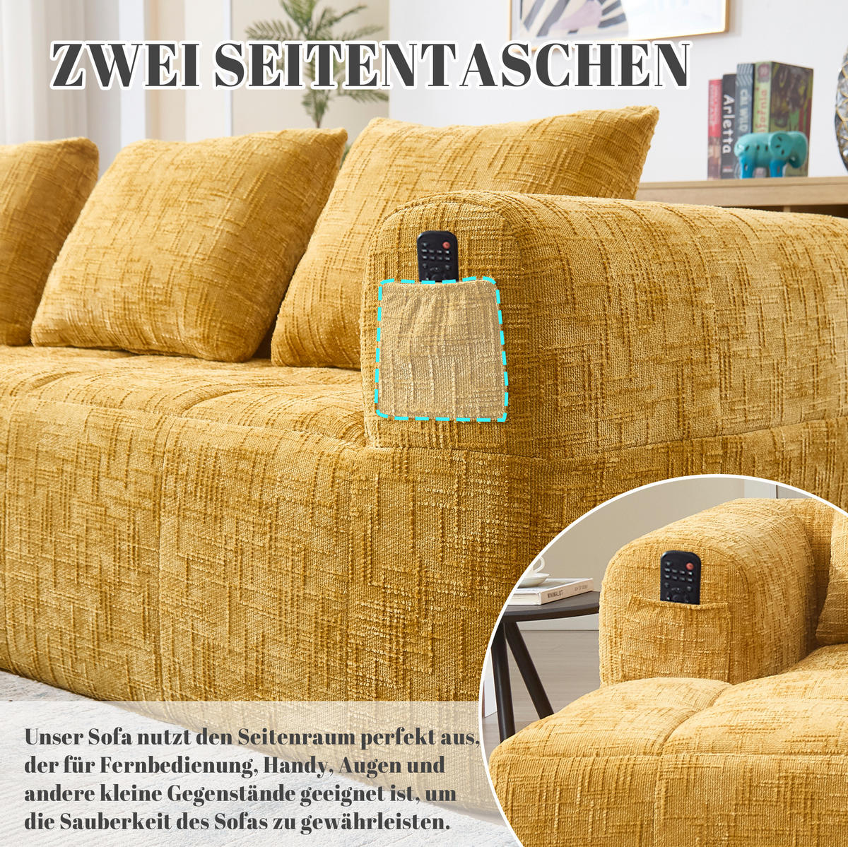 SOFA mit Chaiselongue 250 x 158 cm Chenille Gelb 3 Kissen - Gelb, Textil (250/158cm) - IVMEU
