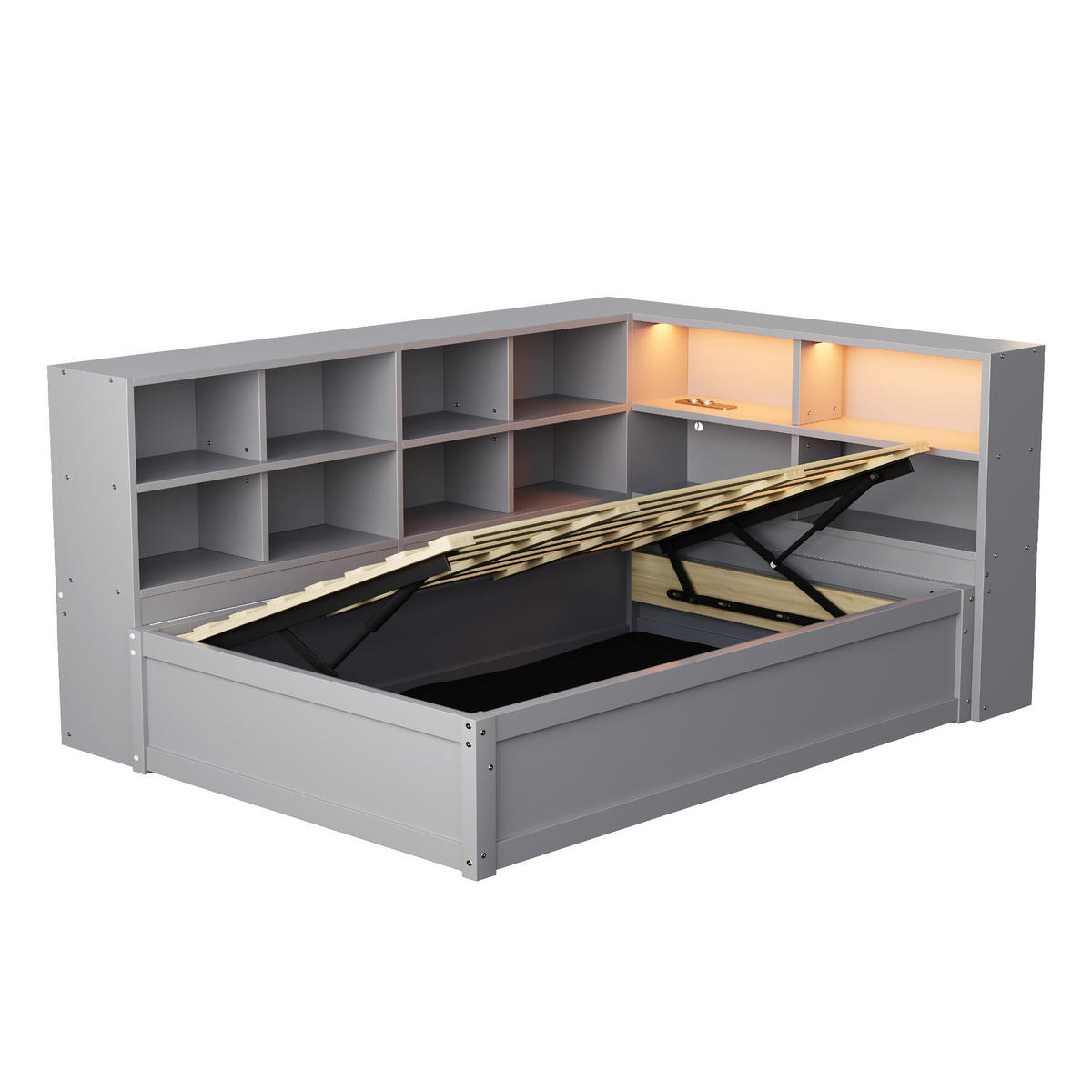 BETT mit hydraulischem Bett und LED-Beleuchtung Grau 90/200 cm - Grau, Holz (90/200cm) - OKWISH