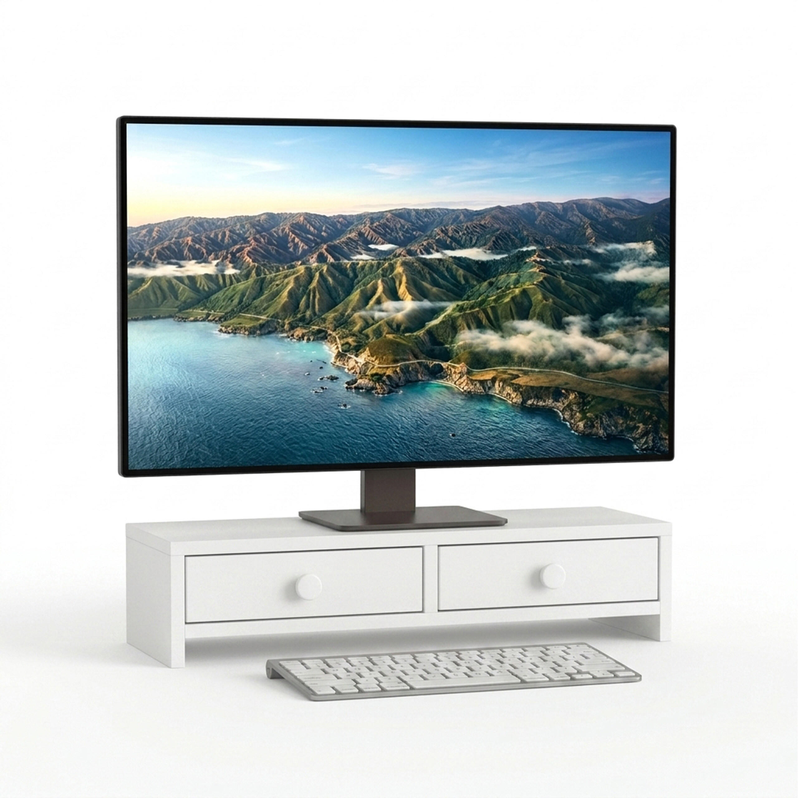 MONITORSTÄNDER Weiß MDF 2 Schubladen 47x18x12,5 cm - Weiß, Holzwerkstoff (18/47/12.5cm) - Relaxdays