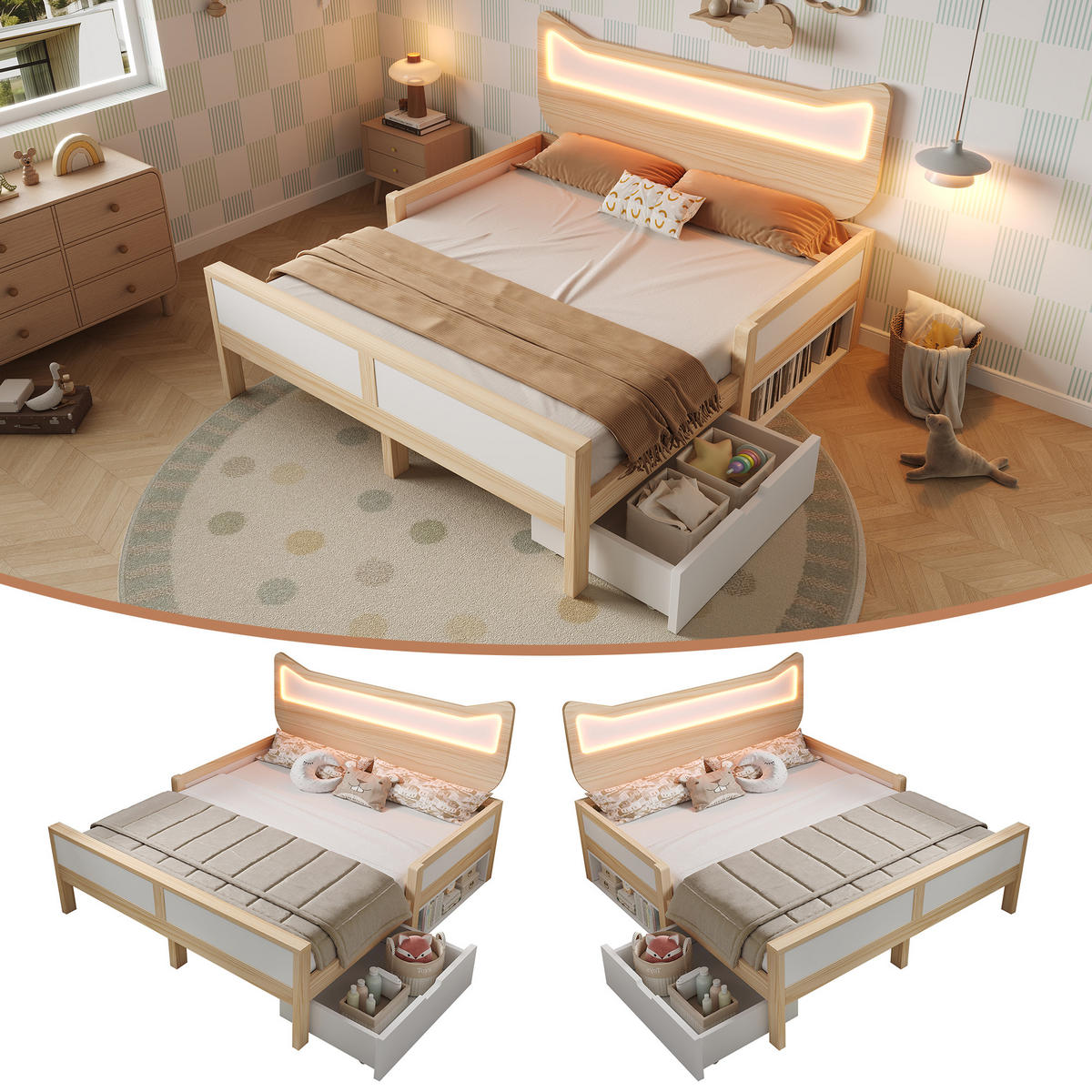 KINDERBETT 140/200 cm DE-00722, in Weiß & Eiche, LED Katzenohren und Schublade - Eichefarben, Holz (140/200cm) - ComfortXL