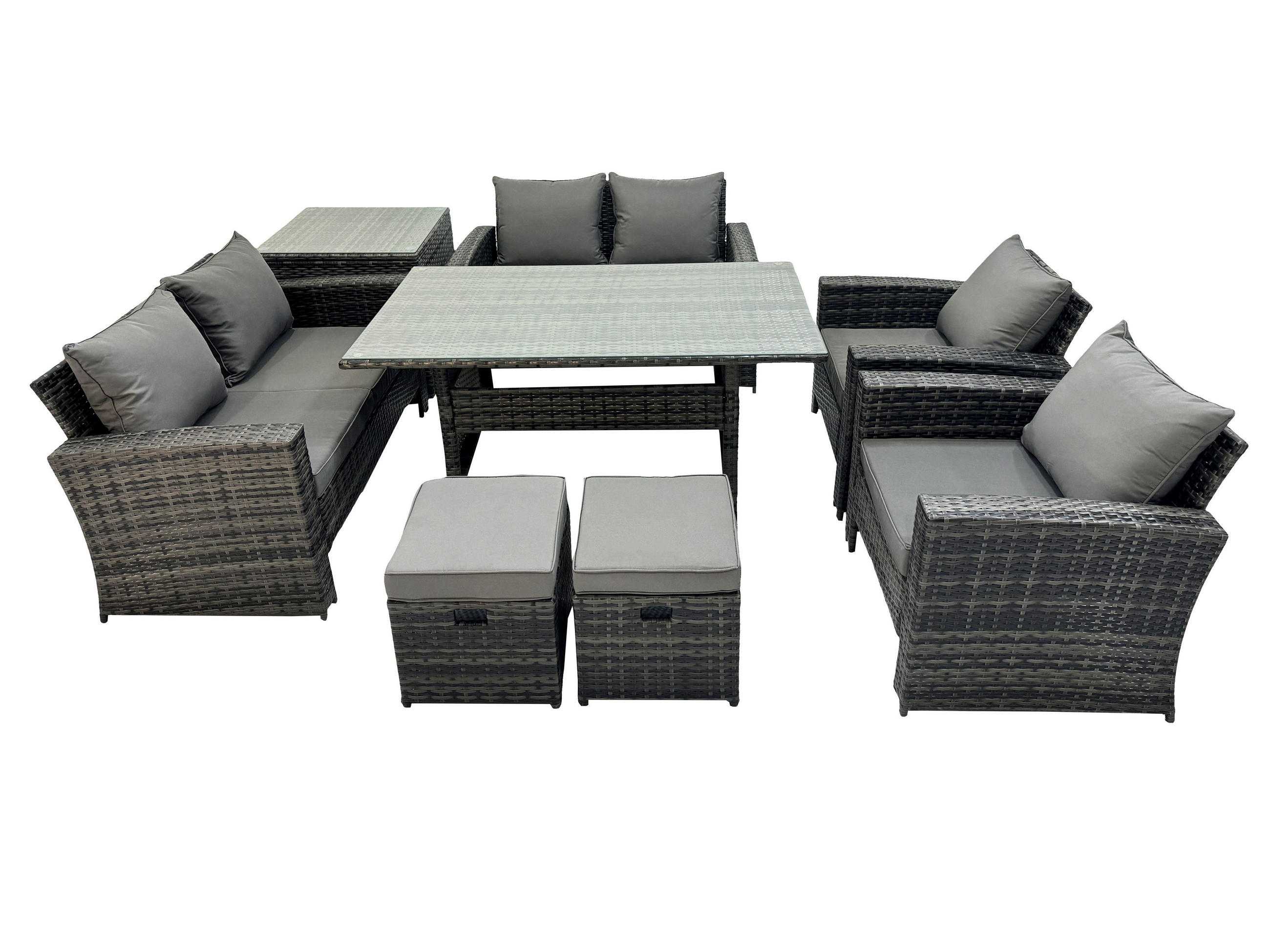 GARTENMÖBELSET mit 2 Sesseln,2 Zweisitzer,2 kleine Fußhocker,Esstisch,Beistelltisch Polyrattan Dunkelgrau 8-Sitzer - Dunkelgrau/Grau, Glas/Kunststoff - Fimous