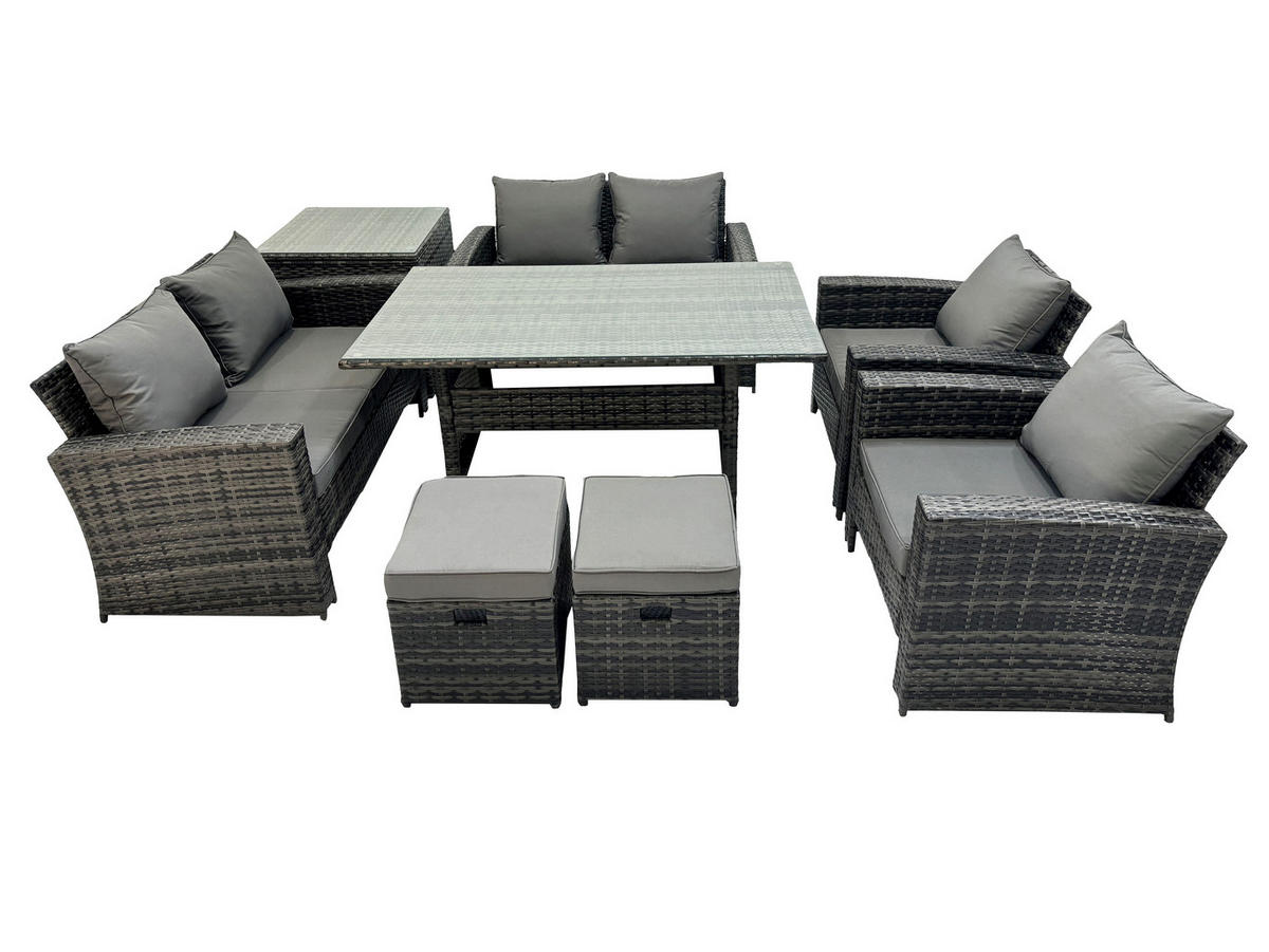 GARTENMÖBELSET mit 2 Sesseln,2 Zweisitzer,2 kleine Fußhocker,Esstisch,Beistelltisch Polyrattan Dunkelgrau 8-Sitzer - Dunkelgrau/Grau, Glas/Kunststoff - Fimous