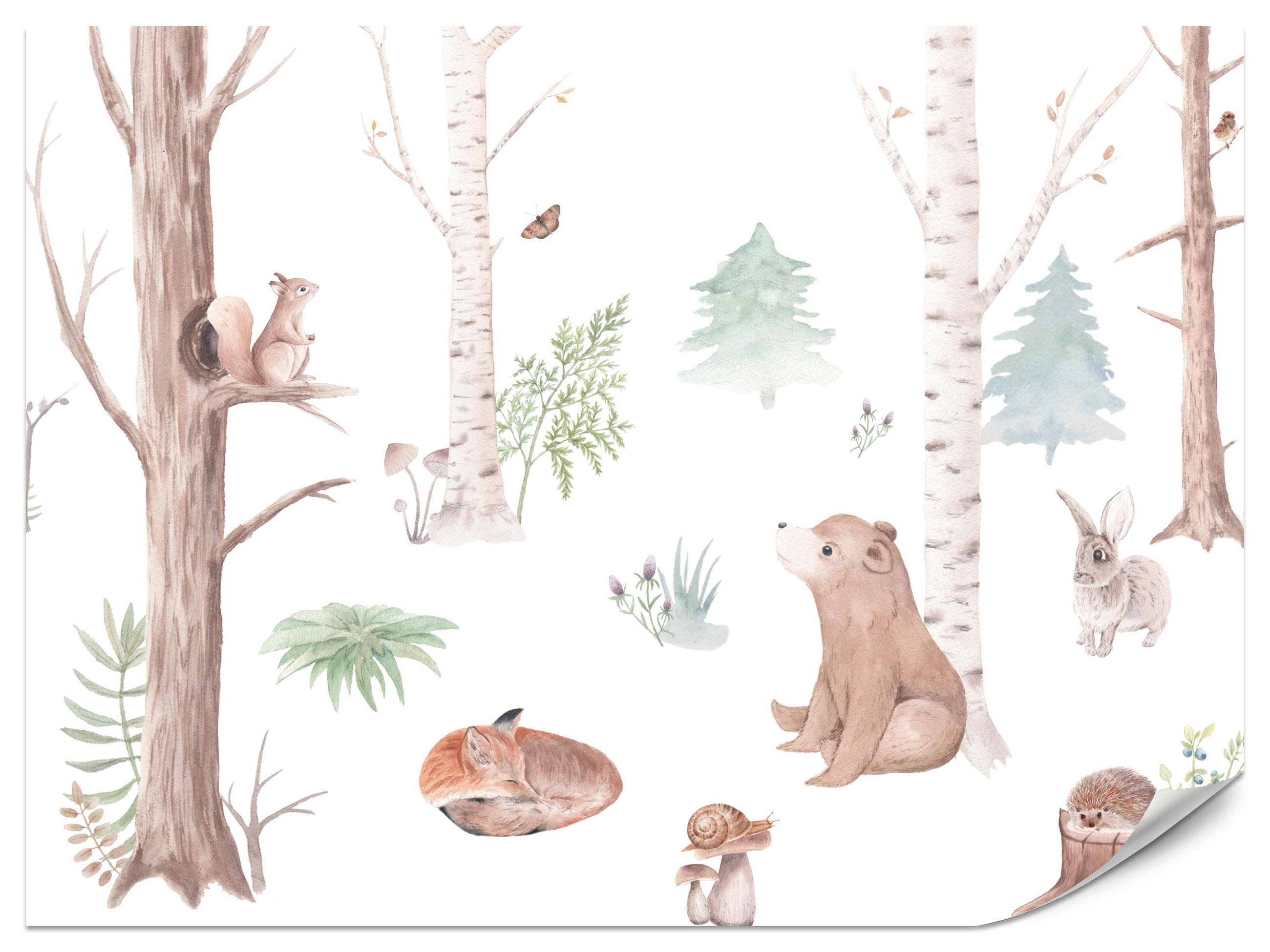 FOTOTAPETE für Kinderzimmer Wilde Waldtiere Aquarell Bäume 500x350 - Orange/Braun, Papier (500/350cm) - Muralo