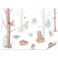 FOTOTAPETE für Kinderzimmer Wilde Waldtiere Aquarell Bäume 500x350 - Orange/Braun, Papier (500/350cm) - Muralo