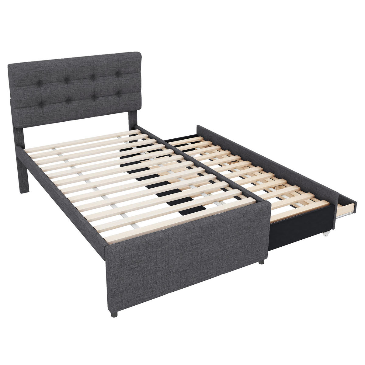 POLSTERBETT 90/200 cm grau mit ausziehbarem Rollbett und höhenverstellbarem Kopfteil - Grau, Textil (90/200cm) - OKWISH