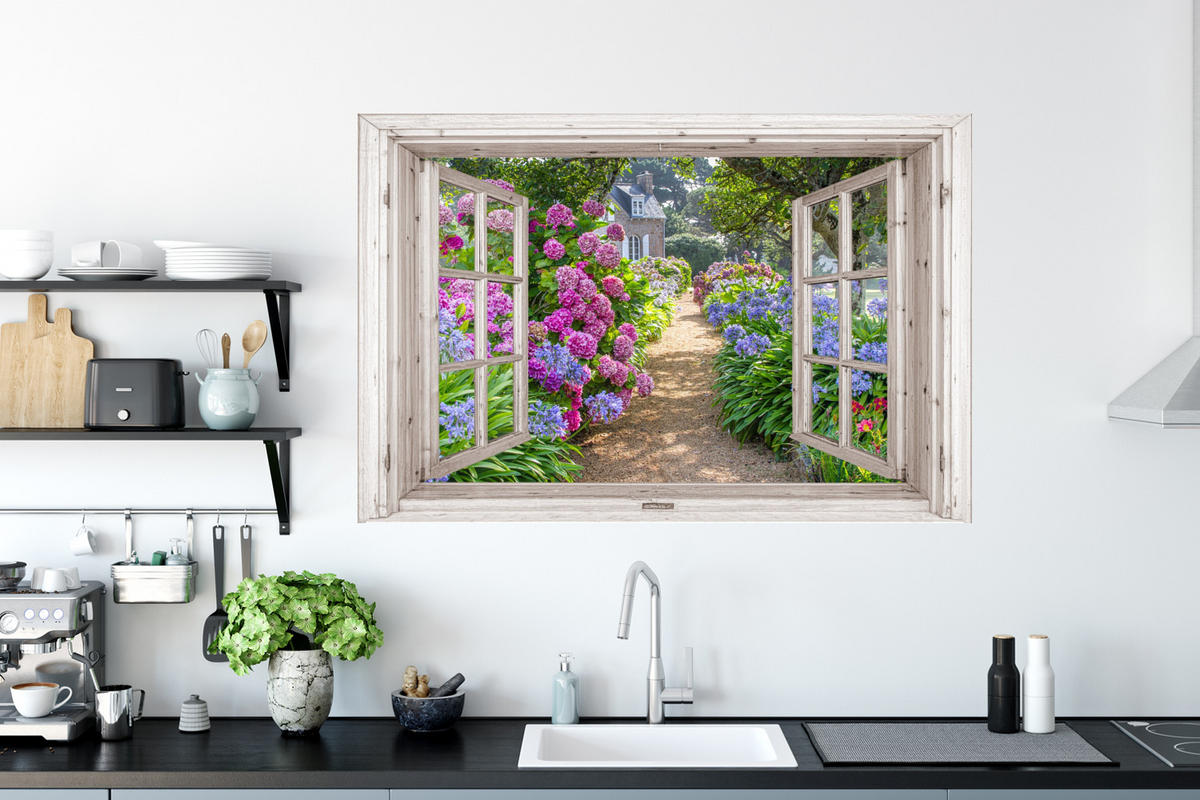 WANDTATTOO Hortensie - Fensterblick - Blumen - Sommer - Lila - Weg 120x80 cm - Lila, Kunststoff (120/80/0.1cm) - MuchoWow