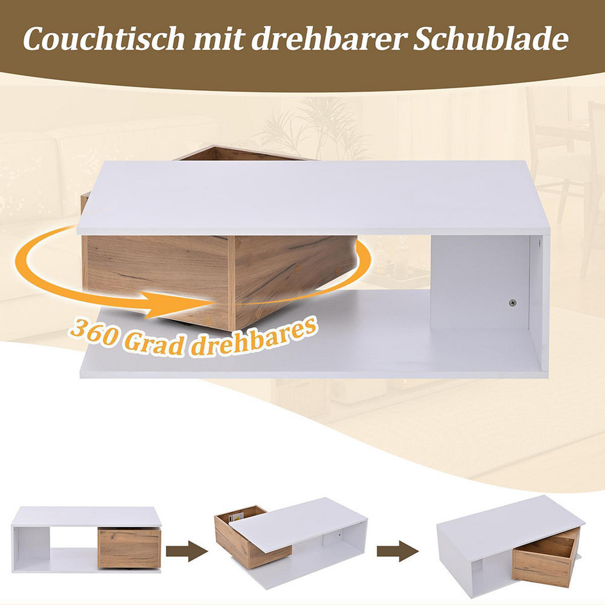 COUCHTISCH in 90x50x30cm, Schublade 360° frei drehbar, Weiß + Holzfarbe - Weiß, Holzwerkstoff (90/50/30cm) - KOMHTOM