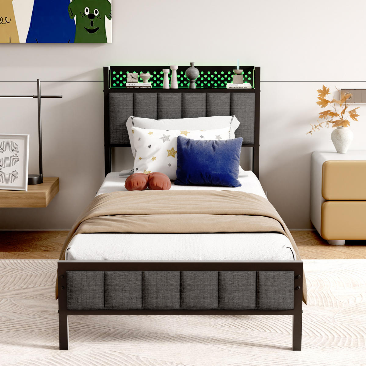 METALLBETT 90/200 mit Matratze und Gepolstertes Kopfteil Jugendbett mit LED und Steckdose, 27 cm Bodenfreiheit - Schwarz/Grau, Holzwerkstoff/Textil (90/200cm) - STILVORA