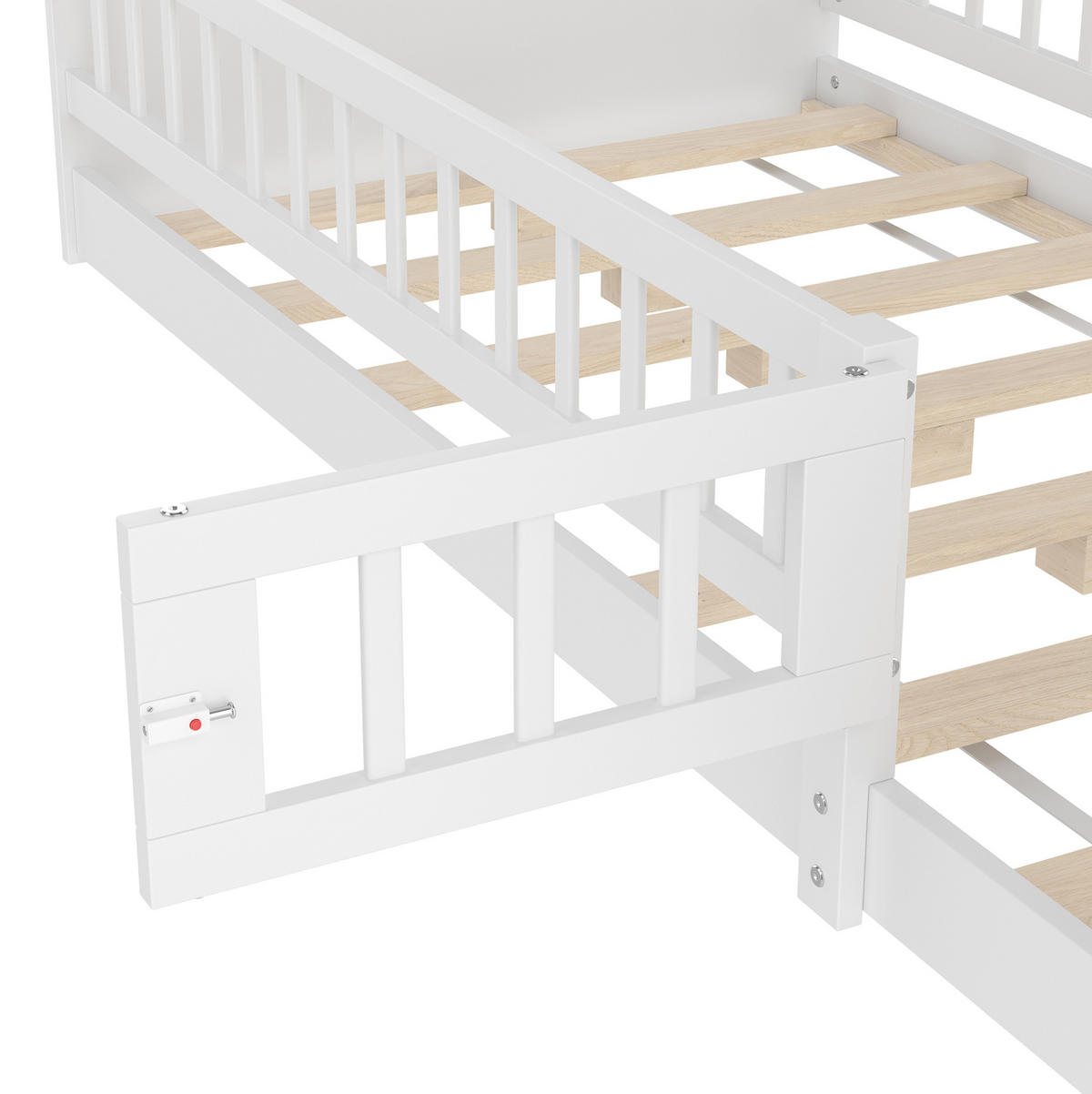 KINDERBETT 90/200 cm aus Kiefernholz mit Stauraum und aufklappbarer Zauntür - Weiß, Holz (90/200cm) - BEAOK