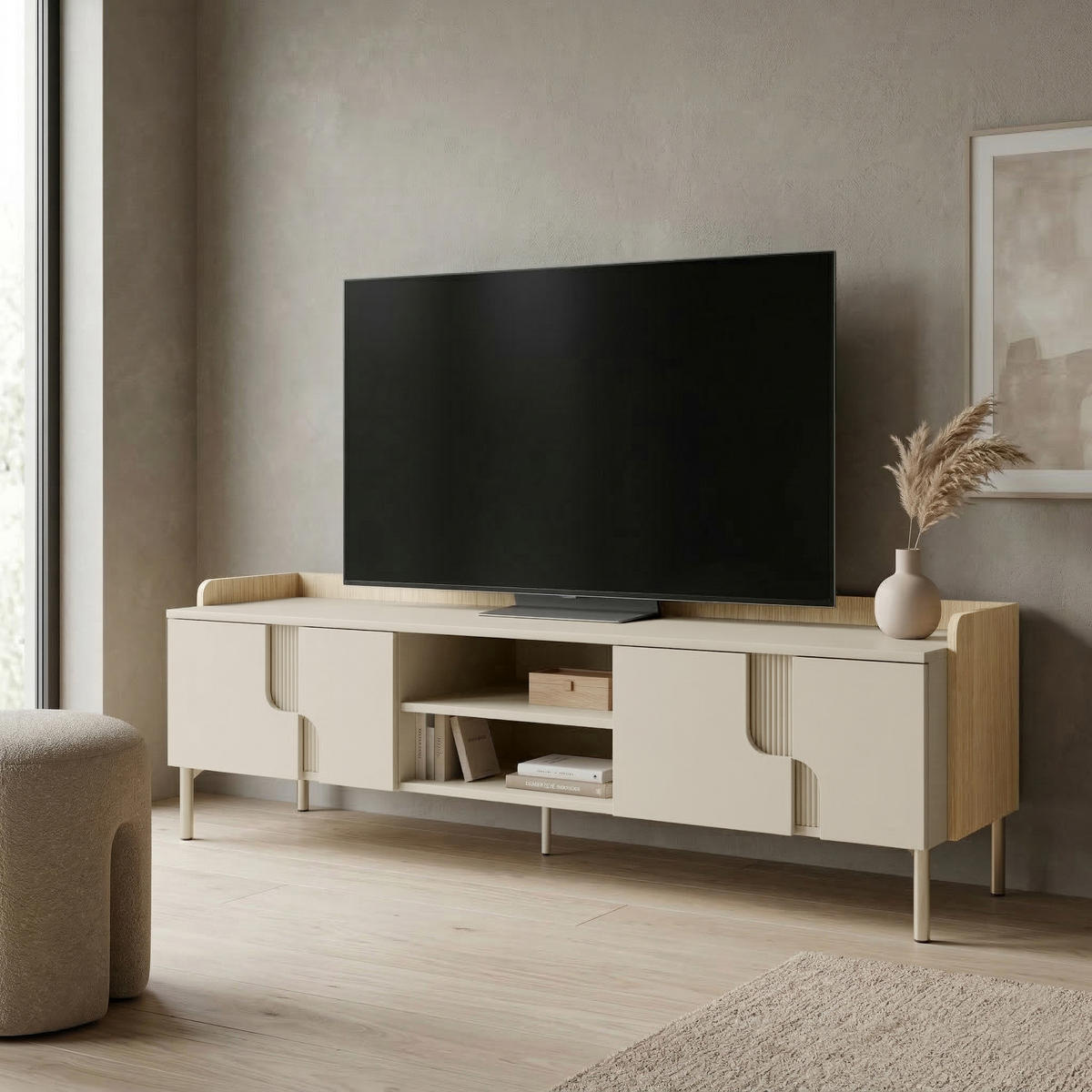 LOWBOARD Positivo mit 4 Türen, 160 cm, Mavelie-Eiche + Macadamia - Eichefarben, Holzwerkstoff (160/51/42cm) - Beautysofa