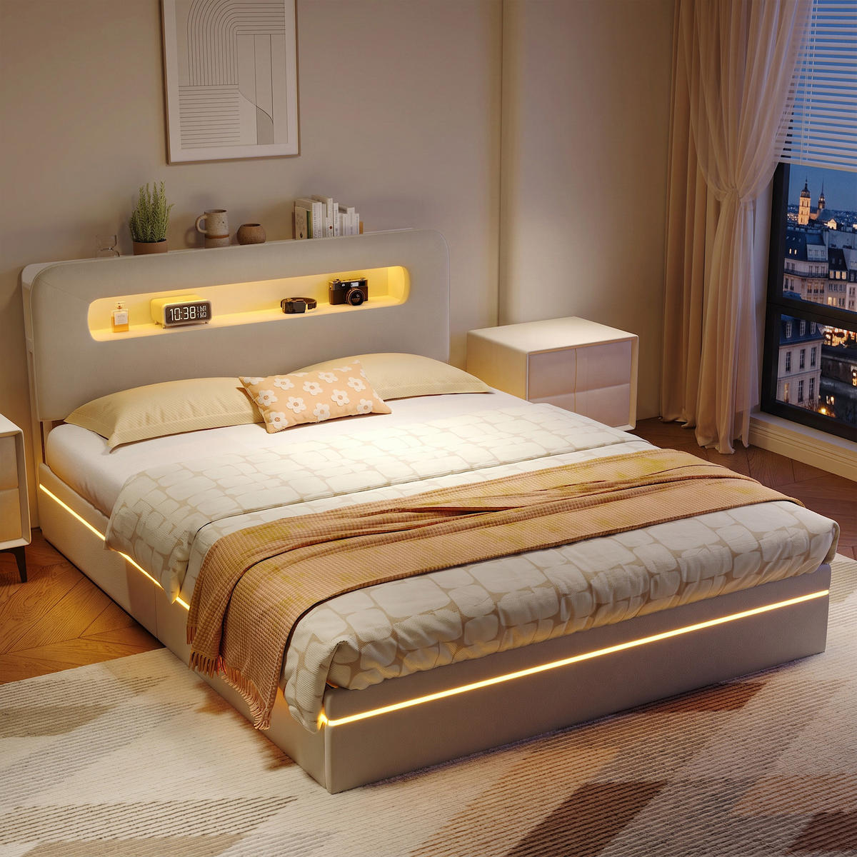 POLSTERBETT 140x200 mit bettkasten, Doppelbett mit stauraum, LED, lattenrost, samt, beige - Beige, Holz/Textil (140/200cm) - GENKI LIVING