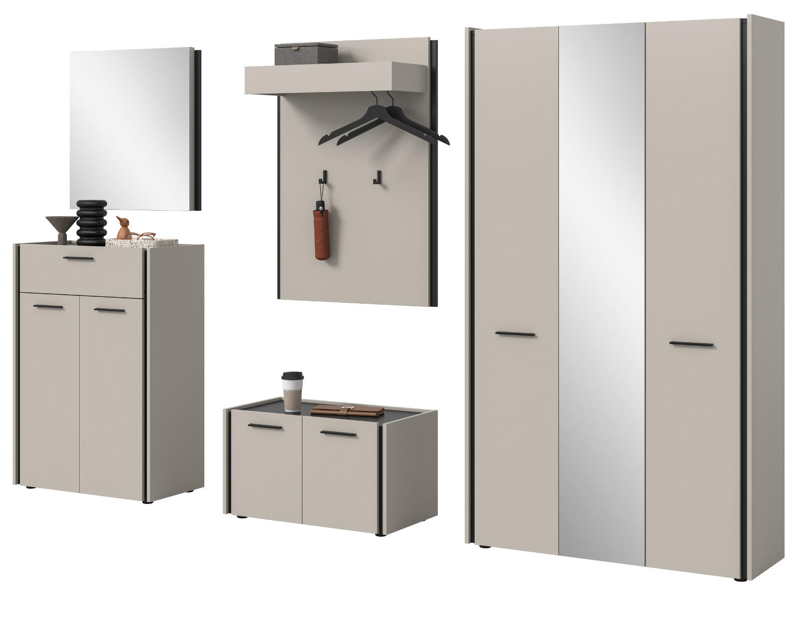 GARDEROBEN-SET 5-teilig Kaschmir 287 x 190 cm, Garderobenschränke mit Soft-Close - Kaschmir/Schwarz, Holzwerkstoff/Kunststoff (287/190/40cm) - Inn.Furn