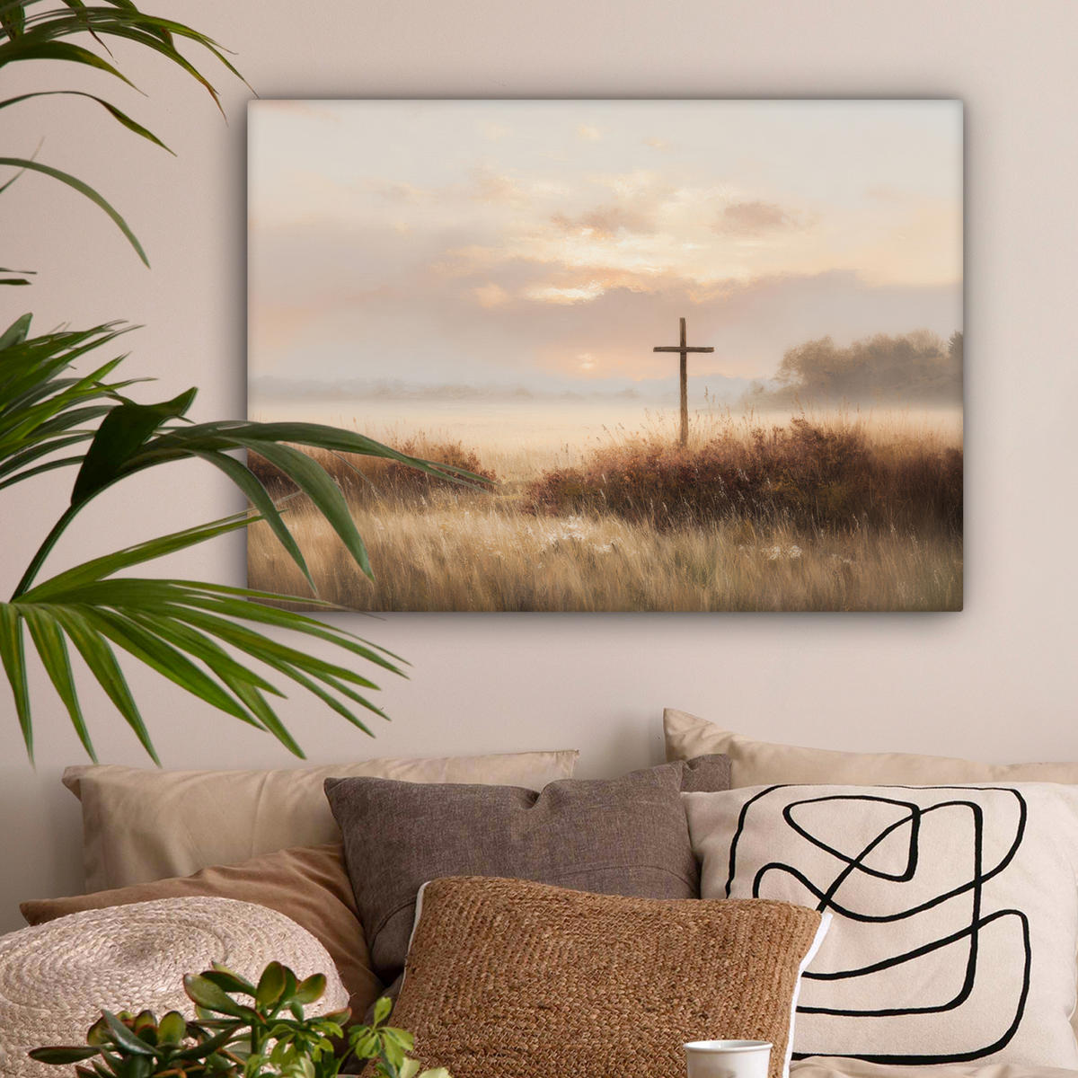 LEINWANDBILD Gras - Morgennebel - Kreuz - Christentum Wandbilder 80x60 cm - Beige, Textil (80/60cm) - MuchoWow