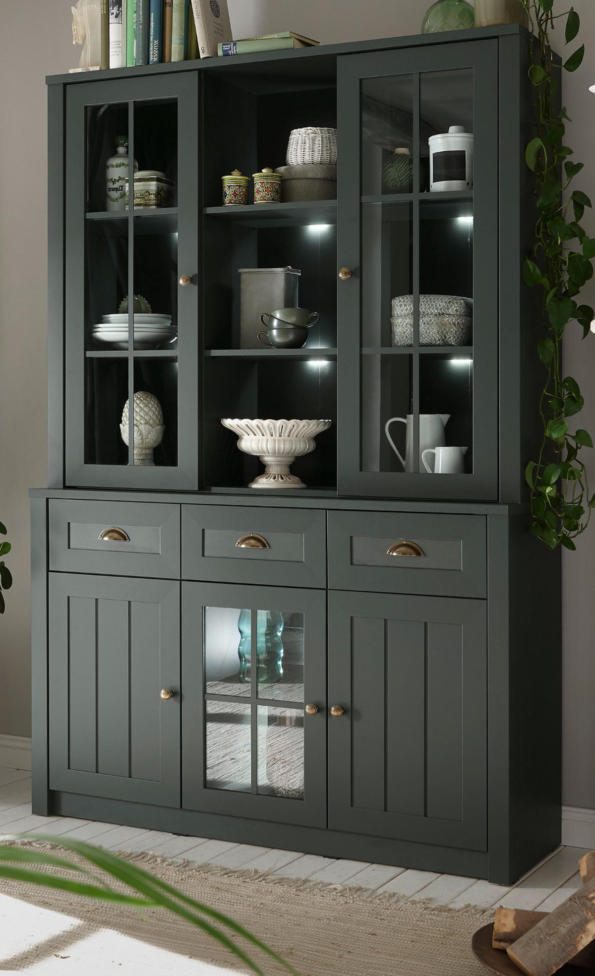 BUFFETSCHRANK grün 130 x 196 cm, Buffet Landhaus-Stil - Chromfarben/Schwarz, Glas/Holzwerkstoff (130/196/43cm) - Furn.Design