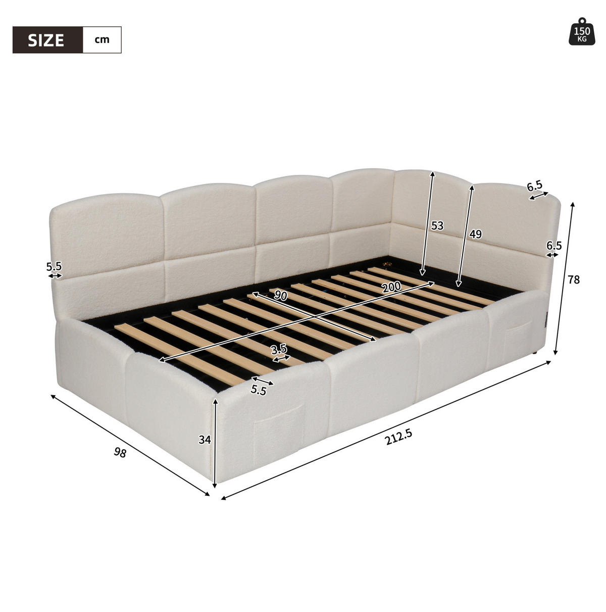 POLSTERBETT 90/200 cm Beige aus Bouclé mit Stauraum und USB- und Type-C-Anschlüssen - Beige, Textil (90/200cm) - Flora Grace