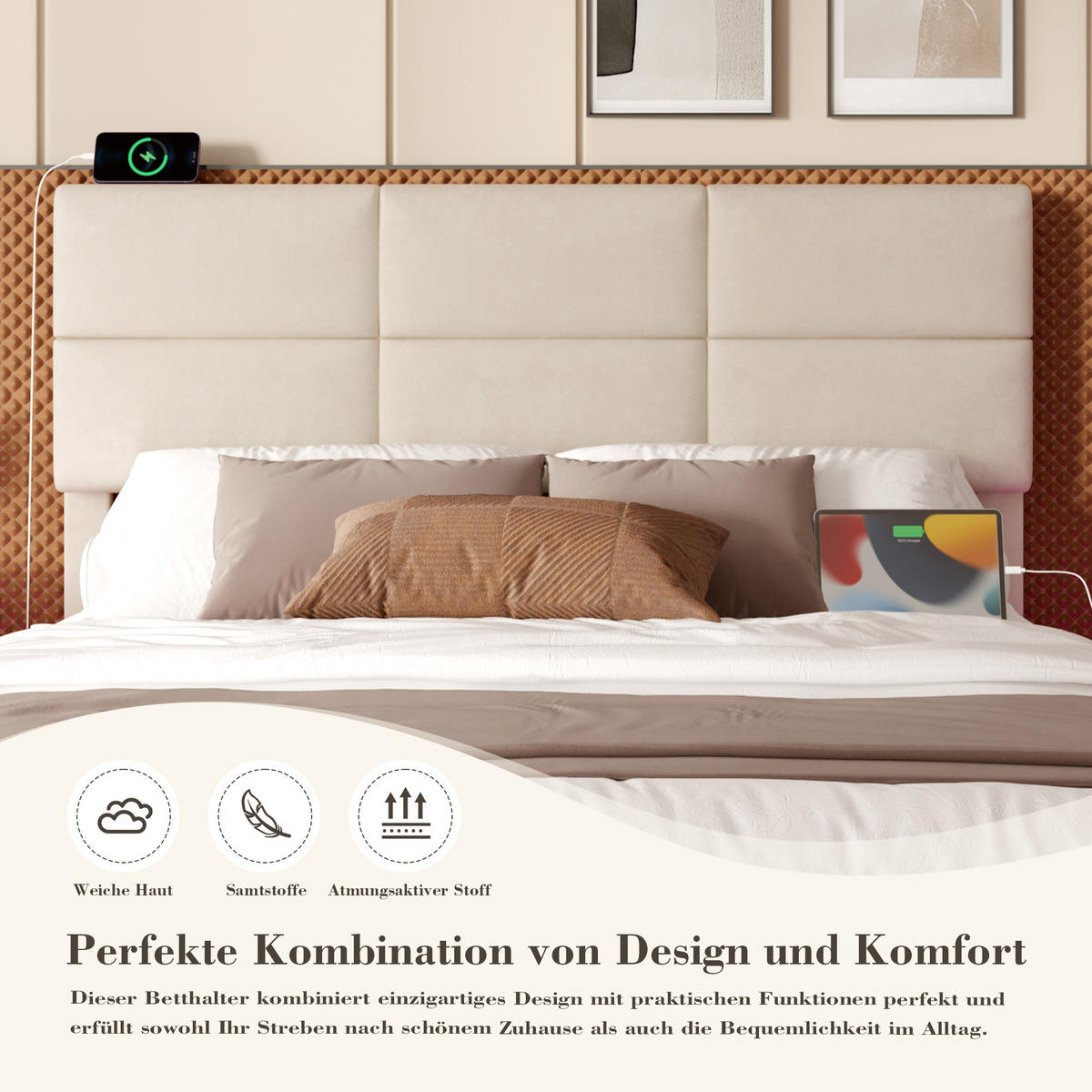 POLSTERBETT 140x200 cm LED USB Samt beige - Beige, Textil (140/200cm) - LEBENLANG