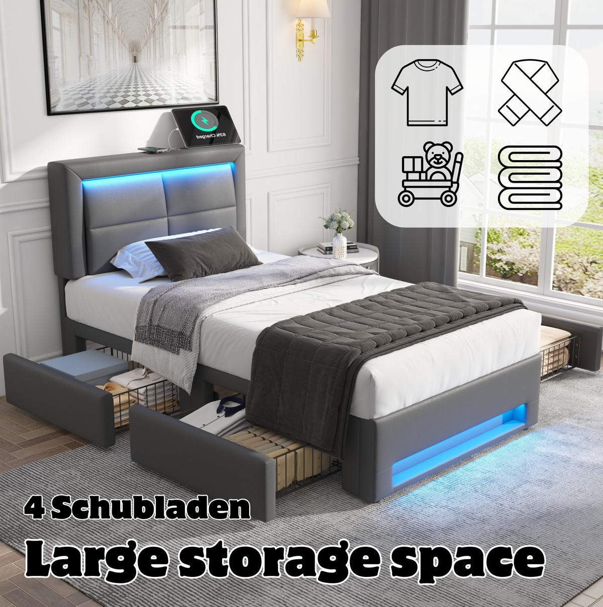 POLSTERBETT aus Kunstleder 90x190 cm in Grau mit LED-Beleuchtung & USB - Grau, Leder (90/200cm) - Modfu