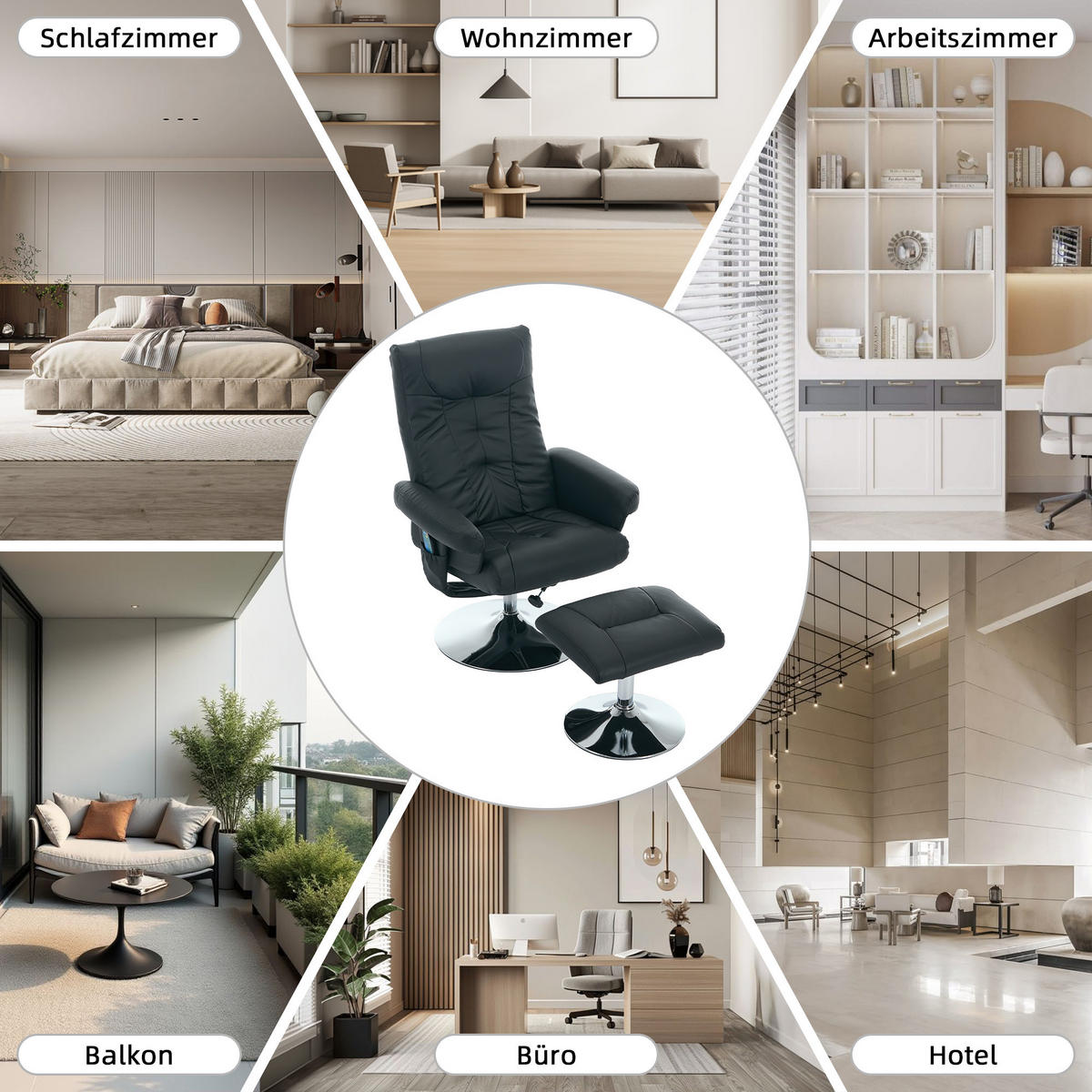 RELAXSESSEL PU mit Massage und Sitzheizung 76/75/103 cm Schwarz - Schwarz, Kunststoff (75/103/76cm) - Redom