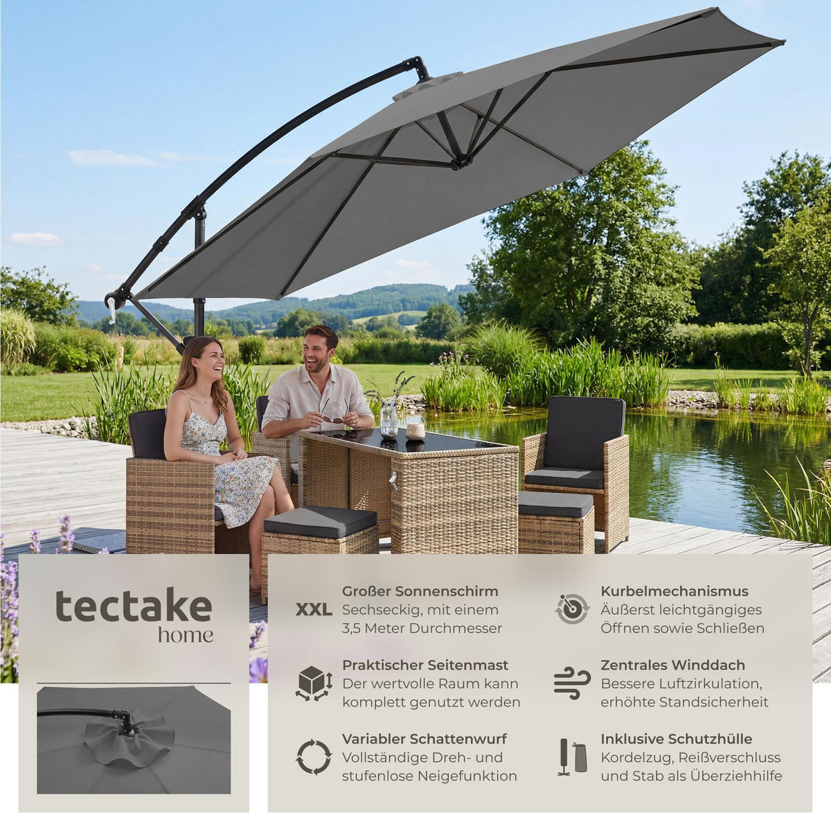 AMPELSCHIRM Artemis, inkl. Schutzhülle, grau - Grau, Metall (350/337cm) - tectake