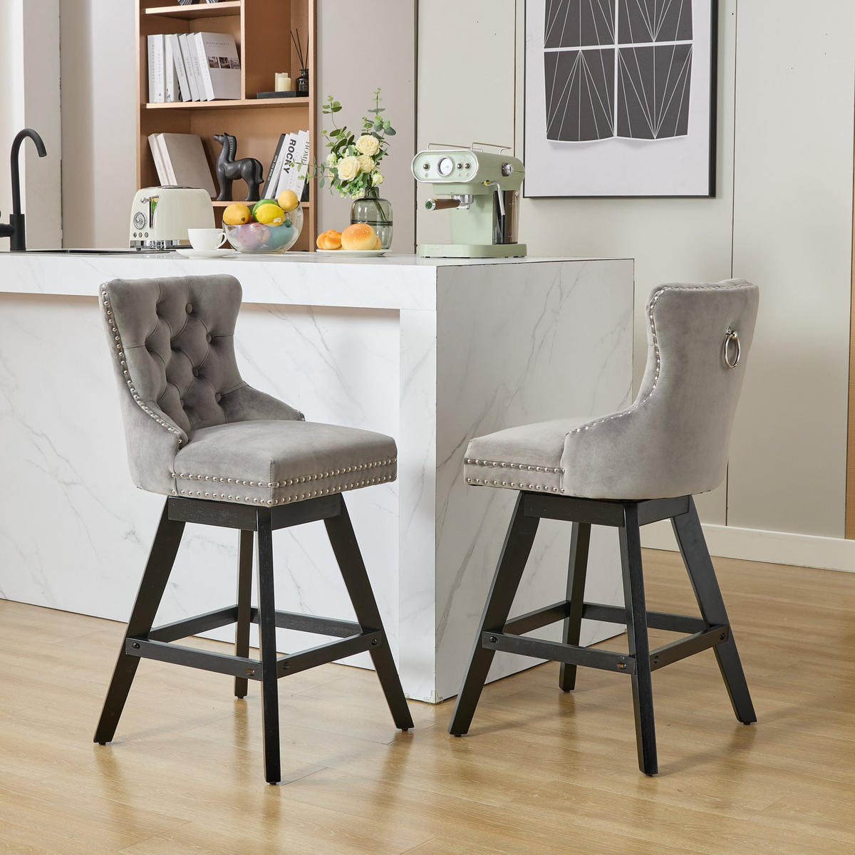 BARHOCKER 2er-Set Grau mit Samtbezug, Rückenlehne und 360° Drehfunktion - Grau, Textil (55/97.5/44.5cm) - PANGIVO