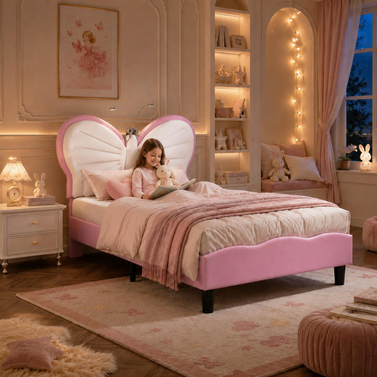 KINDERBETT 90/200 Rosa Schmetterling Polsterbett mit LED-Leseleuchte - Rosa, Metall (90/200cm) - Joyfair