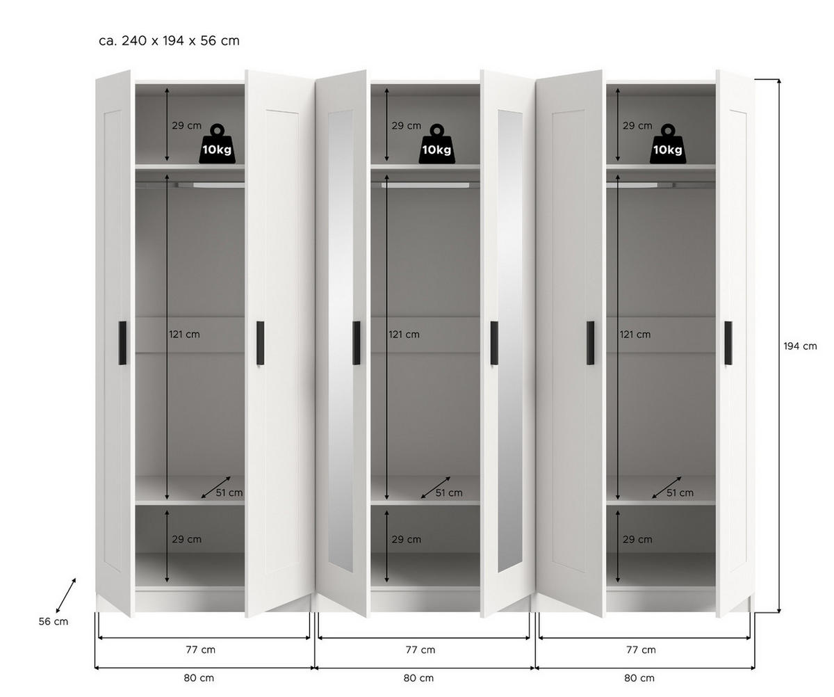 KLEIDERSCHRANK in weiß 240 x 194 cm skandinavisch, Drehtürenschrank 6-türig mit Spiegel - Schwarz/Weiß, Glas/Holzwerkstoff (240/194/56cm) - Inn.Furn