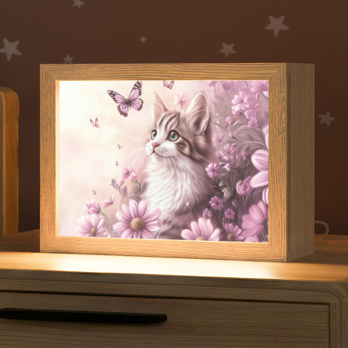 NACHTTISCHLAMPE Kätzchen - Blumen - Schmetterlinge - Lila 20x15 cm - Altrosa, Holzwerkstoff (8/20/15cm)