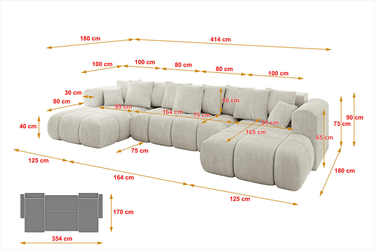 WOHNLANDSCHAFT Ottomane Links CLOUD-U-v1 414x180x40 Hellgrau Cord - Hellgrau, Holzwerkstoff/Kunststoff (414/90/180cm) - ALTDECOR