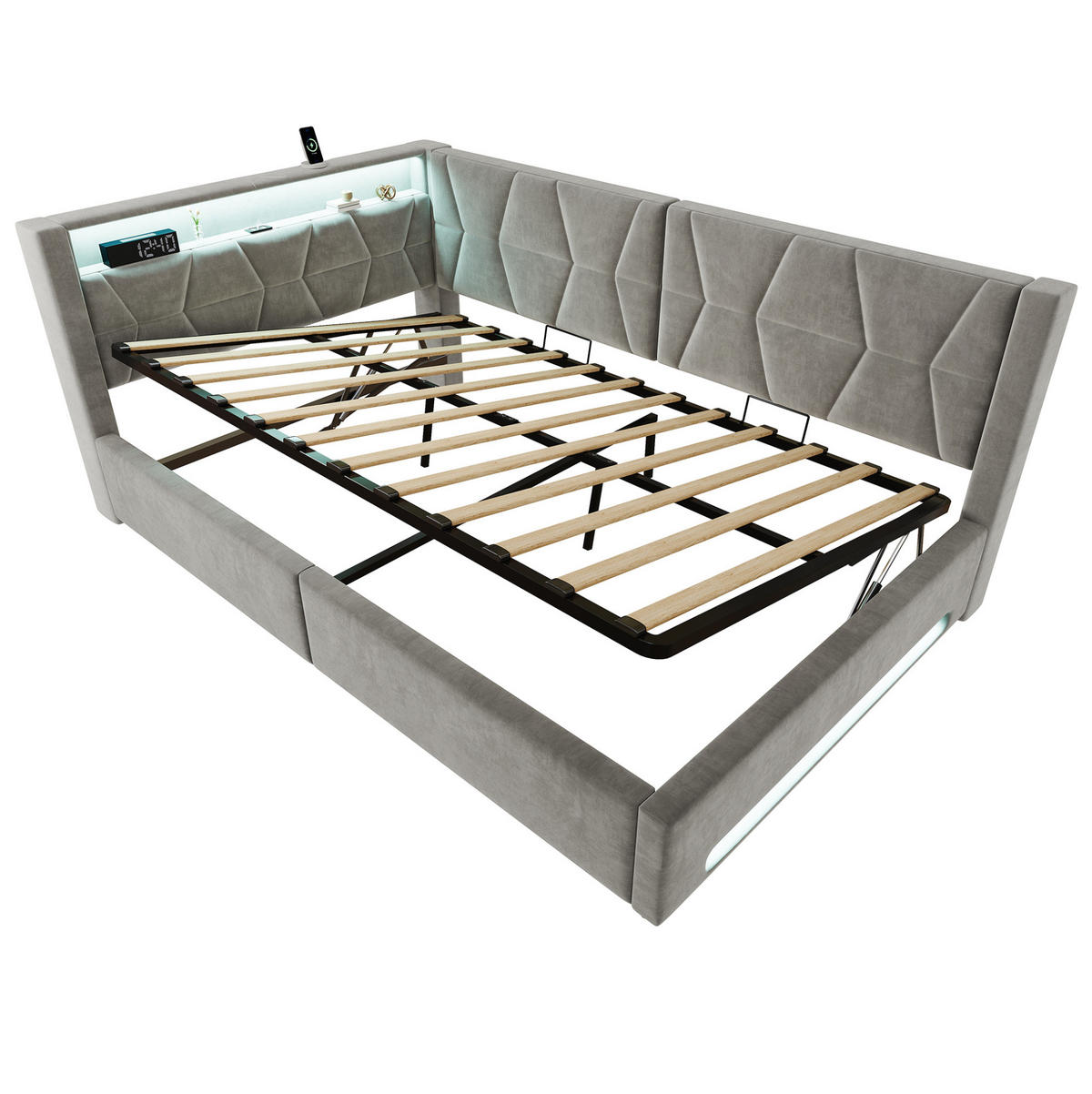 ČALOUNĚNÁ postel 140/200 cm s LED osvětlením, USB, Type-C a hydraulickým úložným prostorem, Tmavě šedá - tmavě šedá, kov (140/200cm) - Redom