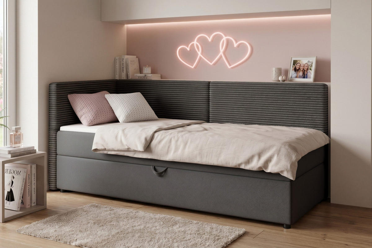 BOXBETT MILA 90/200 in Cord/Velours Anthrazit H3 links - Anthrazit, Holz/Holzwerkstoff (90/200cm) - Deine Möbel 24